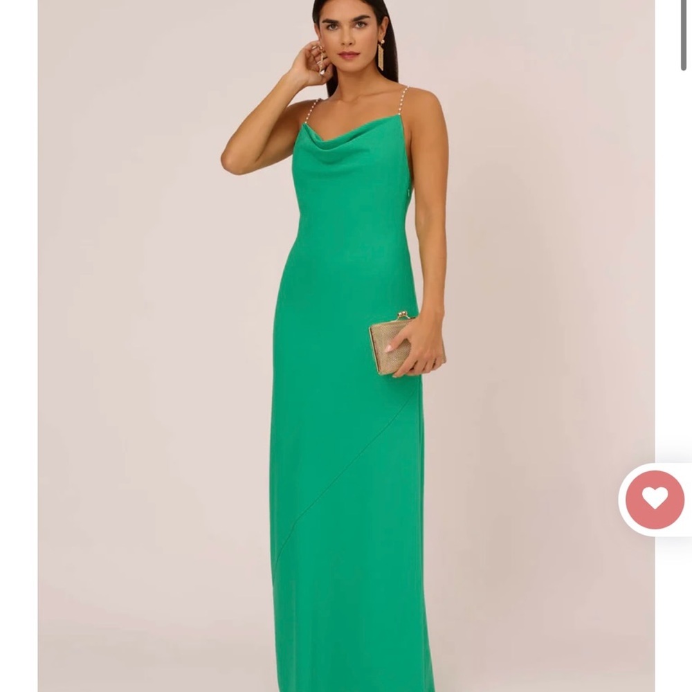 COWL NECK CREPE COLUMN GOWN WITH PEARL STRAPS IN SUMMER GREEN